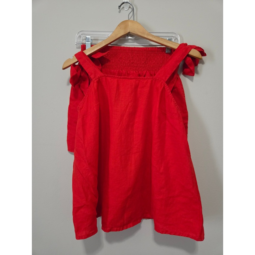 Crown & Ivy Red 100% Linen 2 Piece Set Tie Shoulder Top Smocked Shorts Small